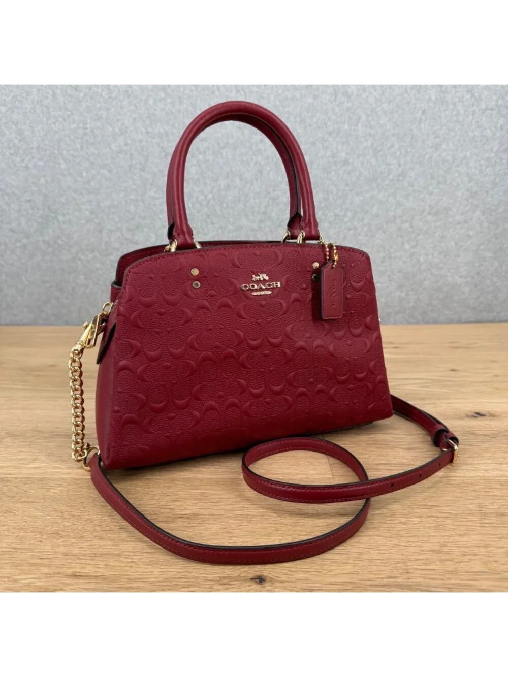 Coach Mini Lillie Carryall Satchel Bag Purse Cherry Red Embossed Leather C7278